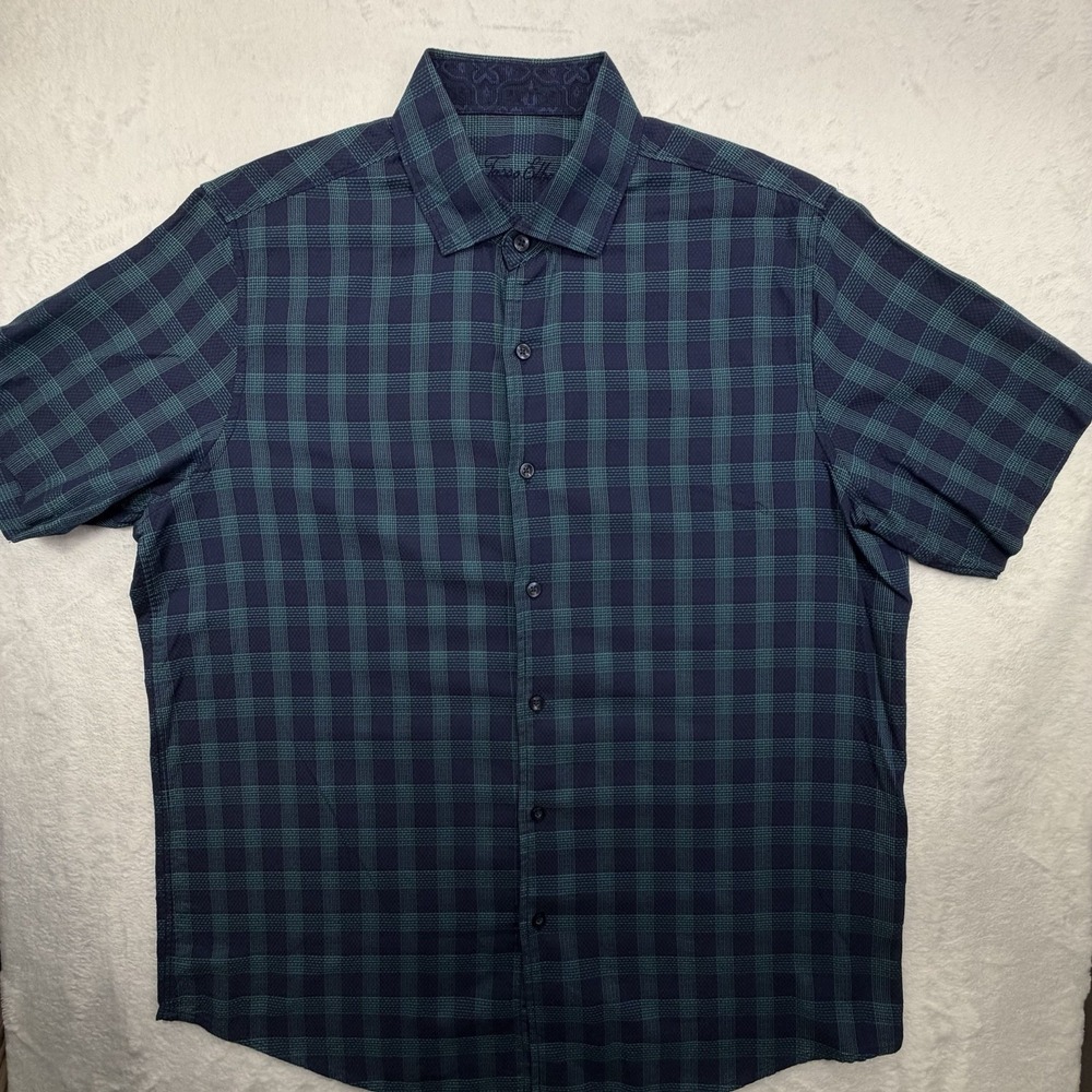 Tasso Elba Men 100% Cotton Button Up Shirt Size L 16.5 Blue Green Plaid Casual